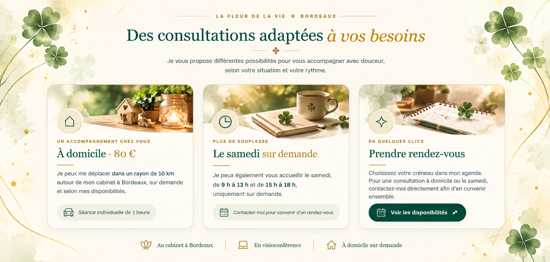 Des consultations adaptées à vos besoins : consultation à domicile 80 € dans un rayon de 10 km de Bordeaux, rendez-vous le samedi sur demande de 9 h à 13 h et de 15 h à 18 h, réservation en ligne.