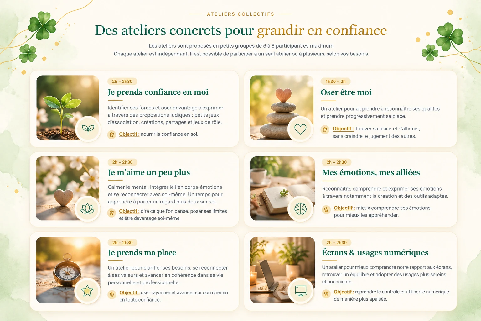 Ateliers collectifs — Des ateliers concrets pour grandir en confiance