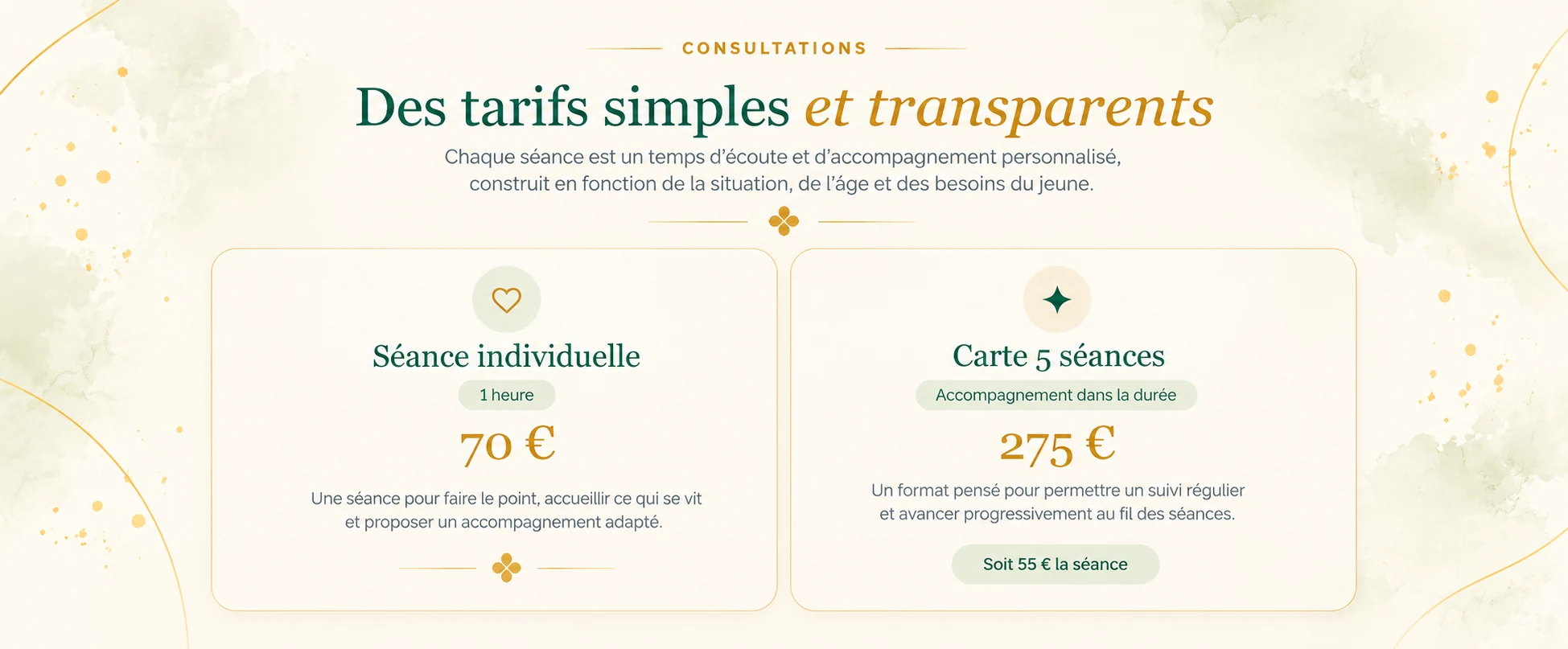 Consultations — Des tarifs simples et transparents — Séance individuelle 70 euros et carte 5 séances 275 euros